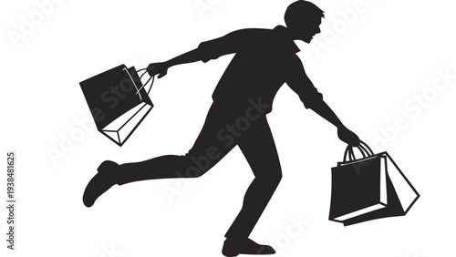 Full Body Silhouette of Man Walking and Carrying Multiple Shopping Bags