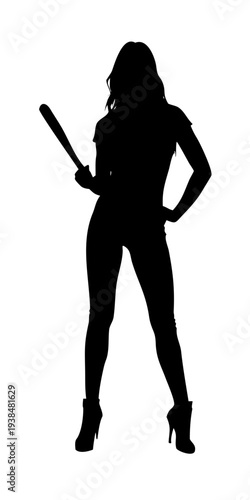 Confident Woman Silhouette Holding Baseball Bat over Shoulder Standing Pose