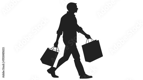 Full Body Silhouette of Man Walking and Carrying Multiple Shopping Bags
