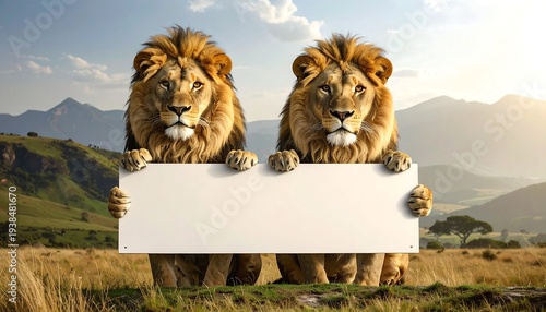 Two majestic lions holding a blank sign, outdoors in a grassy field with mountains in the background
