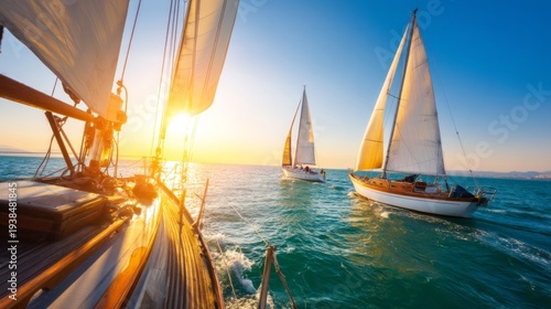 Sailboats Drifting Peacefully Over Calm Sea at Sunset