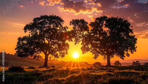 Two lush trees on grassy hill, silhouetted at a vibrant sunset, radiant light piercing