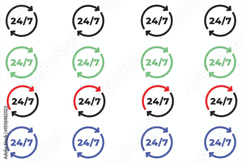 24/7 customer support and service hours icon set. Vector illustration of twenty four seven availability symbols in black, green, red, and blue representing round-the-clock assistance and non-stop busi