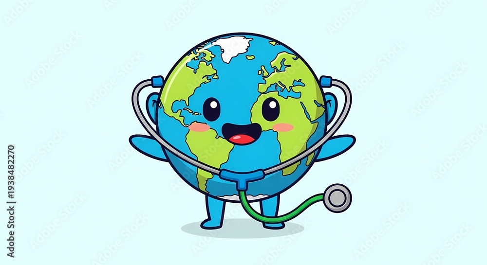 Naklejka premium Globe Character with Stethoscope in Healthy Environment