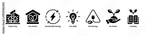 Green City web banner icon vector illustration with Green City, Eco Home,Sustainable Energy,Eco Bulb,Eco Energy,Go Green,and Funding icons showing sustainable urban development.