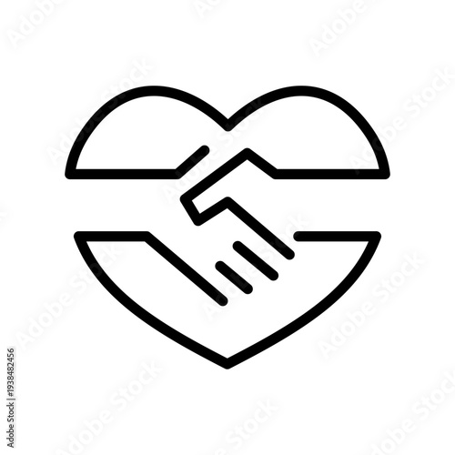 Handshake friendly agreement partnership deal, corporate trust contract thin outline icon. Minimalist line sign two hands shaking each other in heart symbol. Vector isolated pictogram for web and app