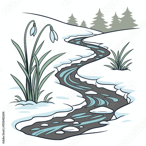 A serene mountain stream winding through a lush, green landscape with trees and plants Vector