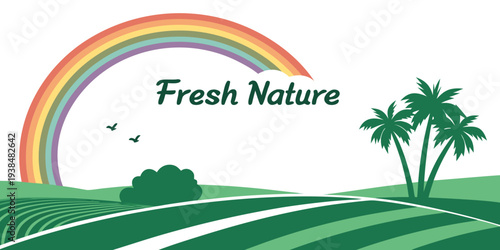 A vibrant rainbow arching over a lush green field with palm trees Vector
