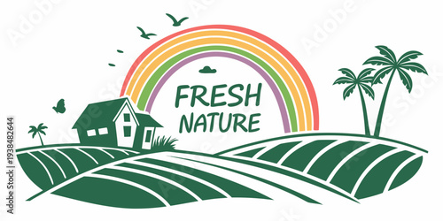 A vibrant tropical island with palm trees and a rainbow arching over the horizon Vector