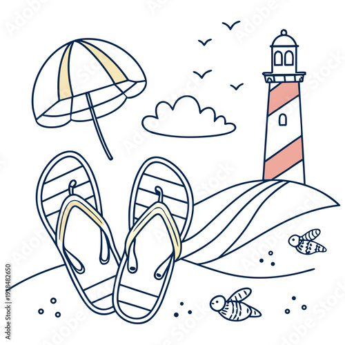 A serene beach scene with a lighthouse, umbrella, and sandals Vector