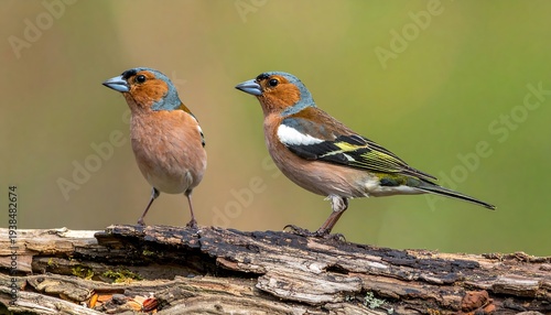 Two male chaffinches perch on a weathered branch, with soft green foliage in background, bathed in soft light
