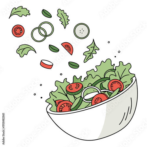 Fresh vegetables being tossed into a large salad bowl. Vector