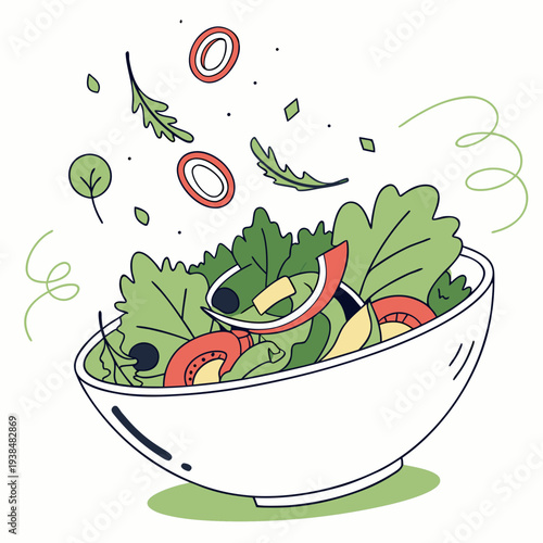 A vibrant and colorful salad with fresh vegetables and a light dressing Vector