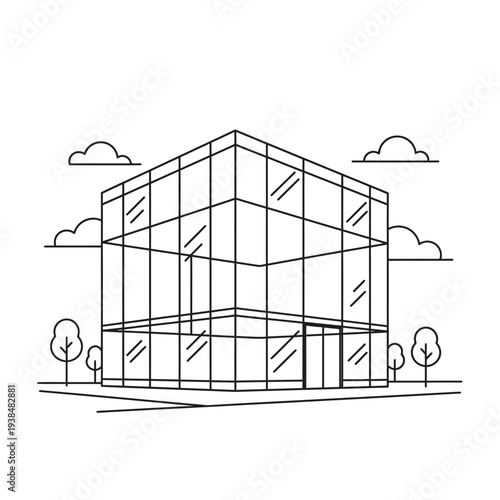 Modern Glass Office Building Facade Line Art.