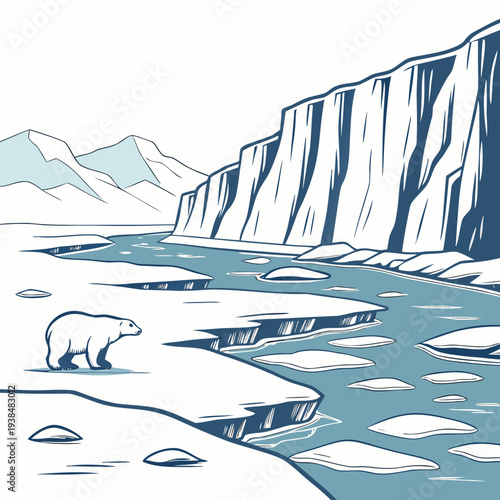 A serene icy river flowing through a narrow canyon with steep cliffs on either side Vector