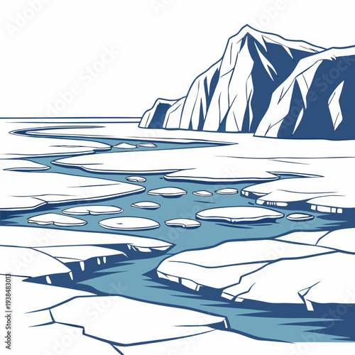 A serene landscape of a melting glacier with a river flowing through it Vector