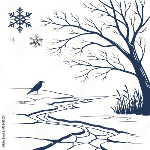 A serene winter landscape with a lone tree and a bird in flight Vector
