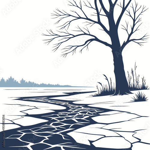 A serene winter landscape with a lone tree standing by the frozen lake. Vector