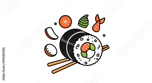Sushi roll illustration with chopsticks