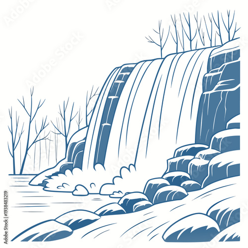 A serene waterfall cascading down a rocky cliff with lush greenery in the background. Vector