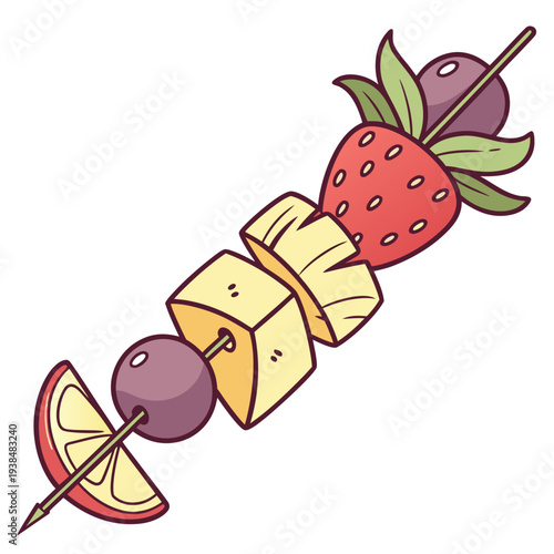 Assorted fruits skewered on a stick with a leafy garnish Vector