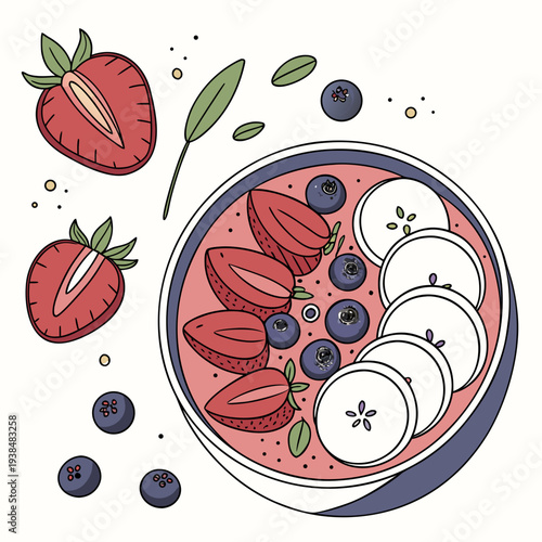 A vibrant illustration of fresh fruits and a creamy dessert in a bowl Vector