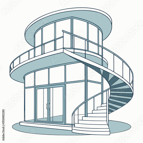 A modern architectural design featuring a spiral staircase and glass walls Vector