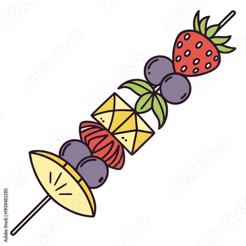 A colorful and appetizing fruit skewer with a variety of fresh fruits. Vector