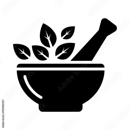 A black silhouette depicts a mortar and pestle surrounded by leafy herbal ingredients silhouette