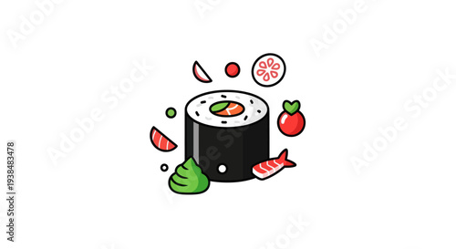 Sushi roll illustration with garnishes