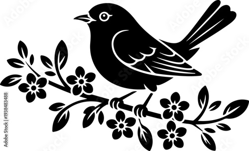Bird Silhouette on Floral Branch Vector Design
