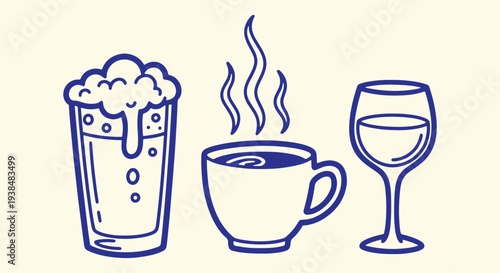 Hand Drawn Beverage Line Icons – Beer Glass, Hot Coffee Cup and Wine Glass Blue Outline Illustration Set