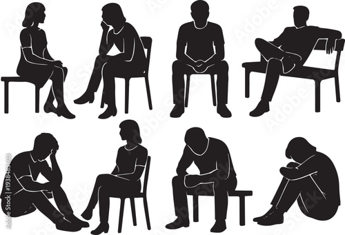 Men and Women Sitting, Waiting and Resting in Various Postures Vector Silhouette Set