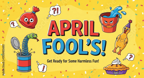Colorful april fool's day illustrations with cartoon characters and confetti on yellow background