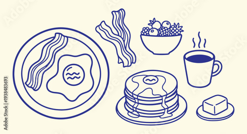 Hand-Drawn Breakfast Food Line Icons Set – Pancakes, Fried Egg, Bacon, Coffee and Berries Blue Outline Illustration