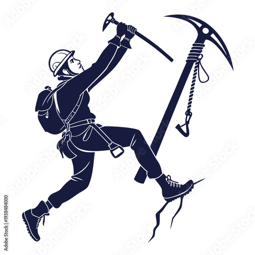 A silhouette of a person climbing a steep mountain with ice axe and crampons. Vector