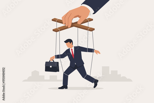 Businessman as a Puppet Controlled by a Giant Hand, Concept of Corporate Manipulation, Authority, and Micro-management, Employee Exploitation and Power Dynamics in a Professional Business Setting