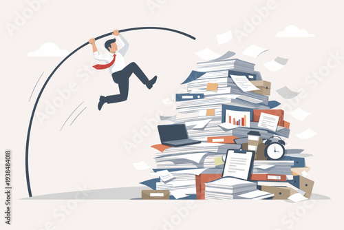 Businessman Pole Vaulting Over a Massive Pile of Paperwork, Folders, and Office Supplies to Reach Deadlines, Concept of Business Efficiency, Productivity, Managing Workload, and Overcoming Stress.