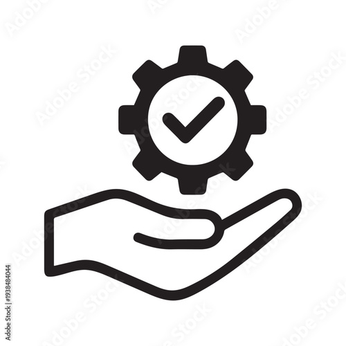 Hand Holding Gear with Check Mark Icon for Quality Service and Support