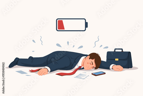 Exhausted Businessman Lying on Floor with Low Battery Icon Above Him, Concept of Professional Burnout, Chronic Fatigue, Overwork, and Lack of Energy in Corporate Office Environment, Vector.