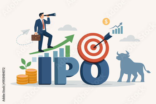 IPO Initial Public Offering Concept with Businessman Looking Through Telescope for Investment Opportunities, Bull Market Symbol, Target, and Financial Growth Charts in Stock Market Illustration.