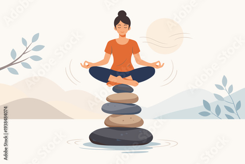 Woman Meditating in Lotus Pose on Balanced Zen Stones for Mindfulness, Harmony, and Mental Wellness. Spiritual Yoga Illustration for Stress Relief, Relaxation, and Inner Peace Therapy Concept.