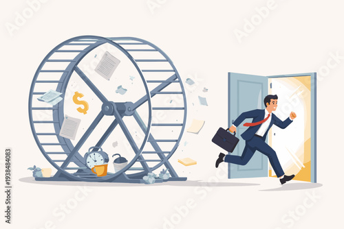 Businessman Escaping the Corporate Rat Race and Running Towards Freedom through an Open Door, Breaking Free from Monotonous Work Routine, Stress, and Burnout for a Better Career and Life Balance