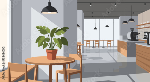 Potted plant on a round wooden table in a sunlit cafe interior.