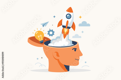 Creative Innovation and Startup Concept with Rocket Launching from Open Human Head, Lightbulb Idea, Gear, and Paper Plane Vector Illustration for Business Growth, Vision, and Mindset Improvement
