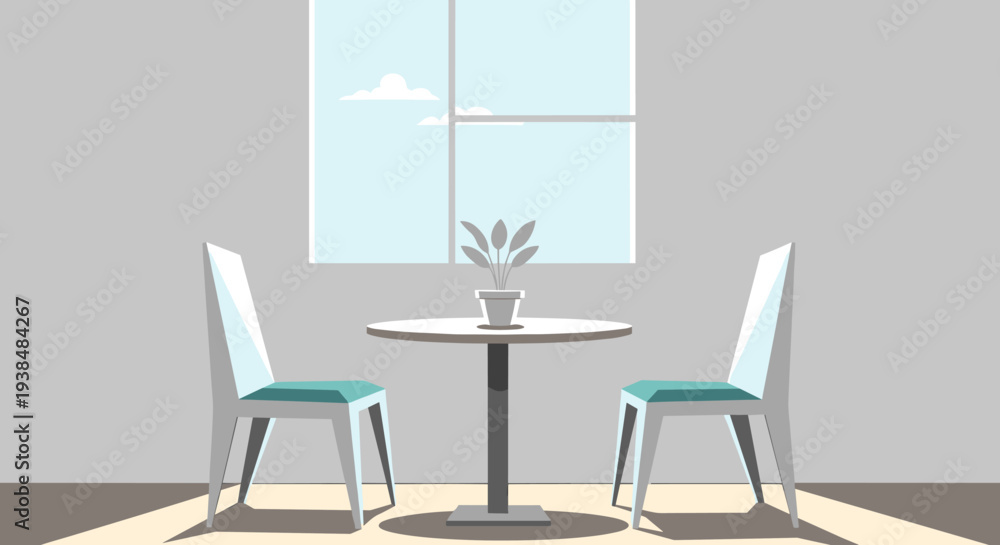 Fototapeta premium Minimalist dining table with two chairs and a potted plant.