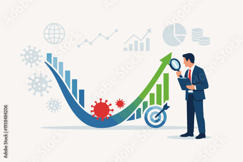 Businessman analyzing U-shaped economic recovery after coronavirus COVID-19 pandemic market crash, professional expert looking through magnifying glass at rising financial growth chart arrow.