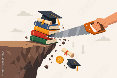 Conceptual illustration of student loan debt and high education costs showing a hand sawing through a stack of books, graduation cap, and diploma on a cliff edge falling into a financial abyss.