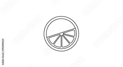 Line art illustration of a citrus fruit slice in a circle.