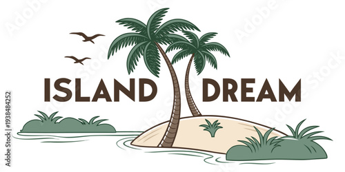 Tropical island with palm trees and birds flying in the sky Vector